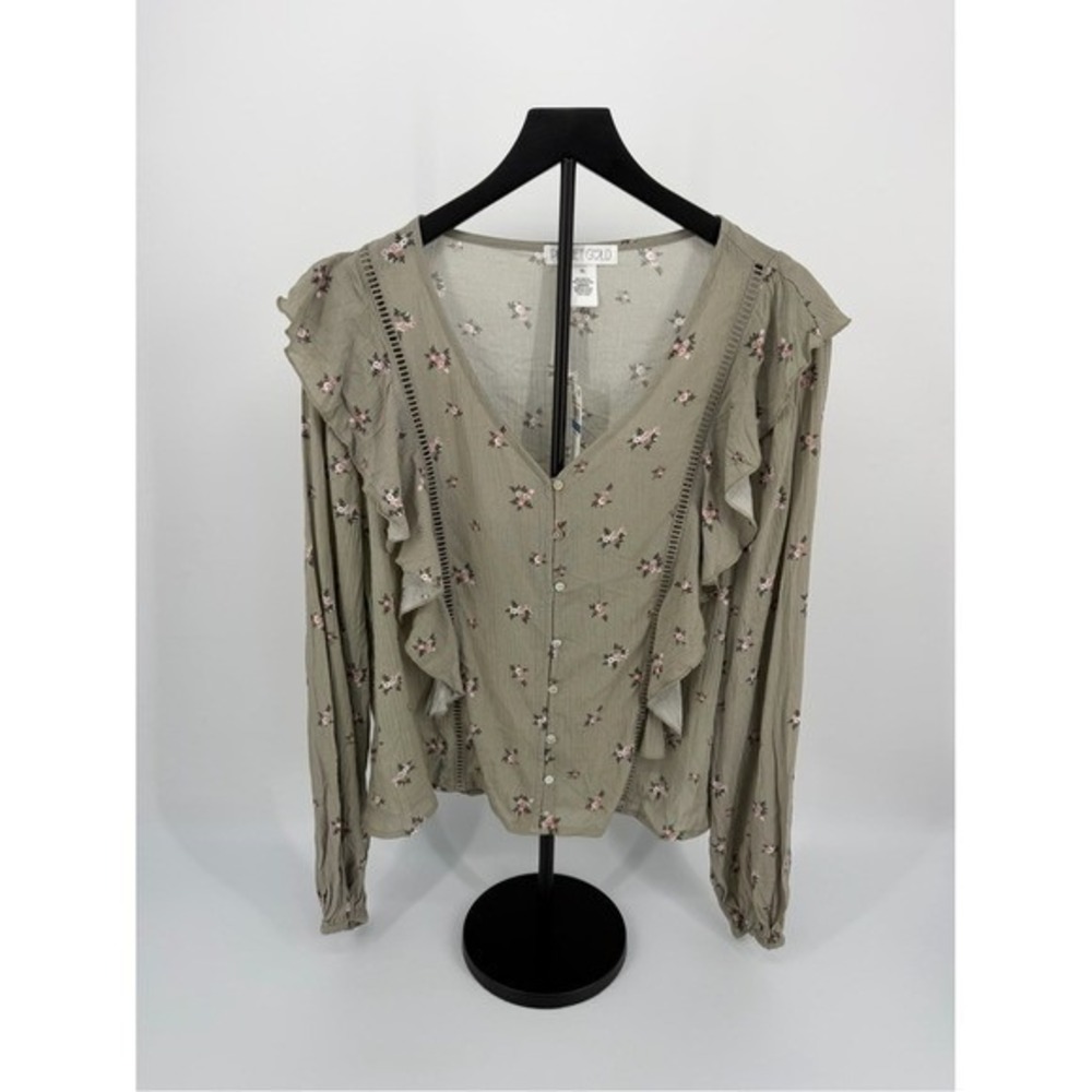 Planet Gold Seagrass Floral Ruffle Button Front Blouse Size XL NWT - Picture 2 of 6